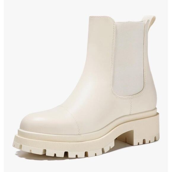 Bacia Chelsea Ankle Boots Women Lug Sole Chunky Heel Slip On Booties Beige White - Picture 1 of 7